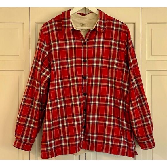 L.L. bean red flannel fleece trim button down size XL - Picture 2 of 9